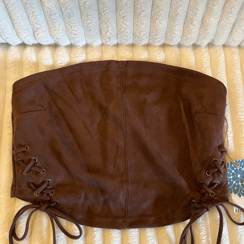 Brown Lace-Up Faux Suede Strapless Corset Top